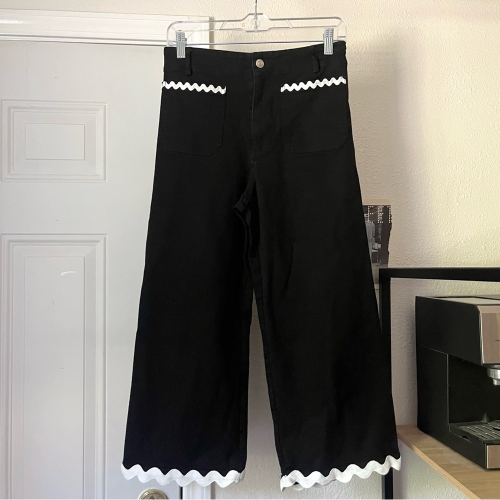 MAISON GARRISON black cotton blend denim squiggle trim wide straight leg cropped